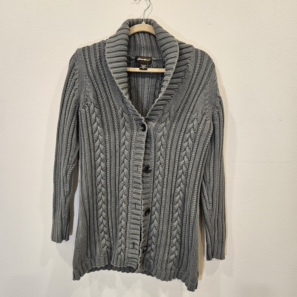 VINTAGE Eddie Bauer Gray Grandpa Core Cardigan Shawl Collar Cable Knit M